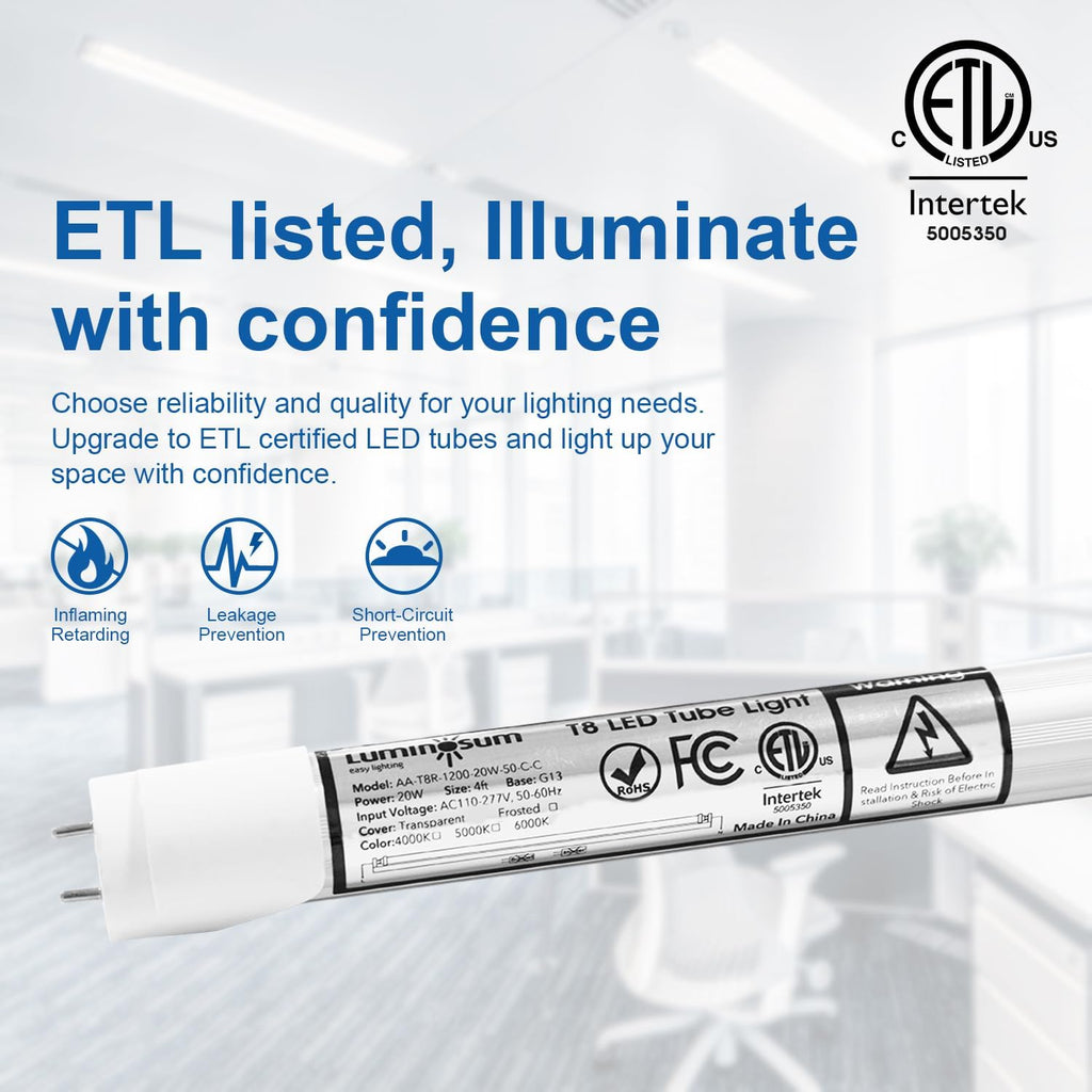 T8 LED Tube Light Bulbs 4 Foot 20W, ETL Listed, 4000K 10 Pack