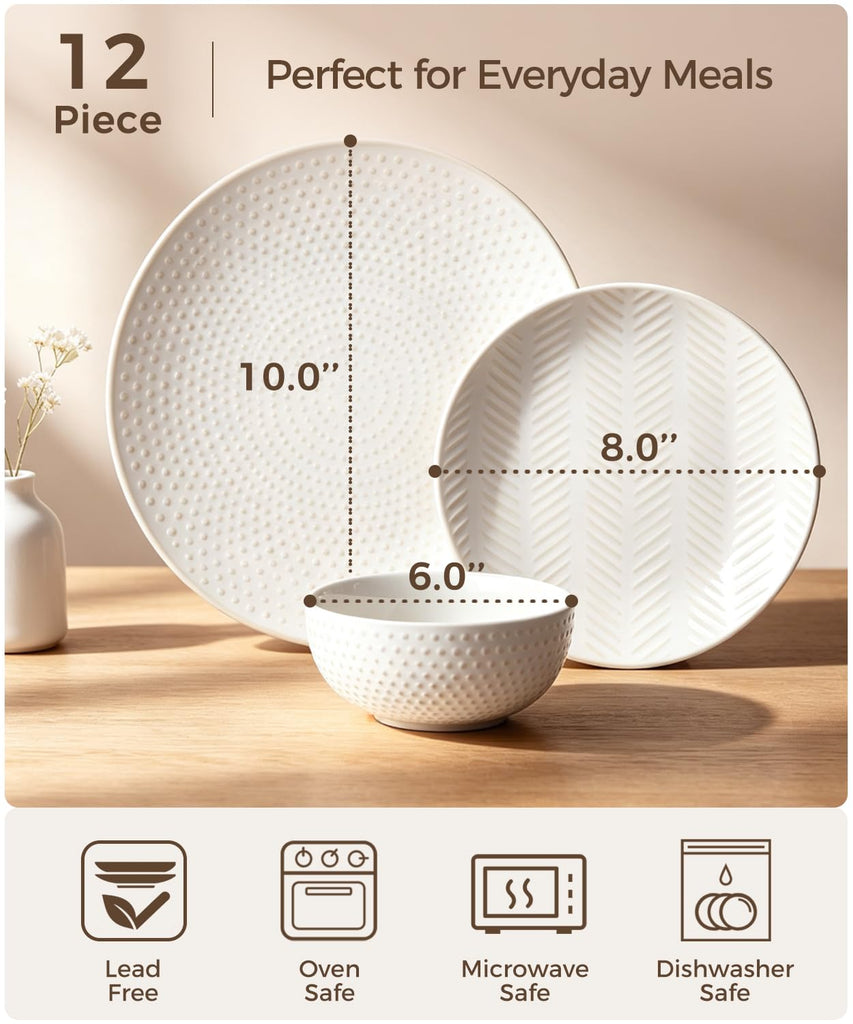 Embossed Ceramic Dinnerware Set for 4, 12-Piece White Plates and Bowls Set, Modern Farmhouse Tableware with 10" & 8"