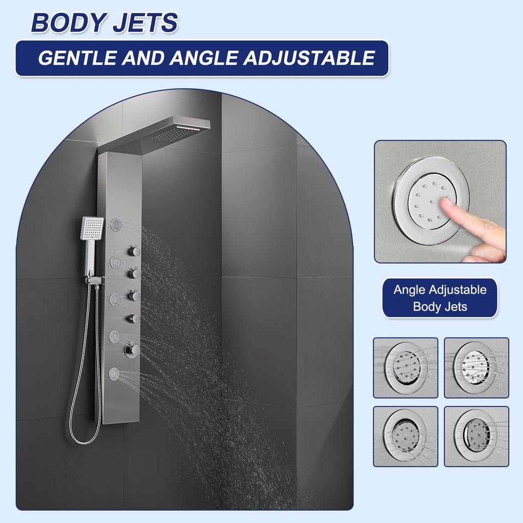 4-in-1 Rainfall Waterfall Shower Panel Tower System, Brushed Finish