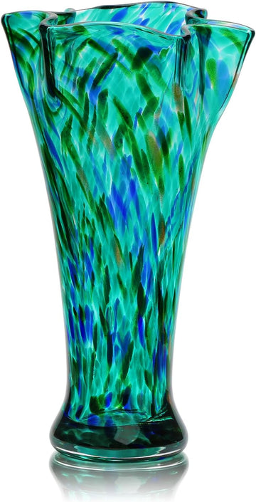 Teal Green Glass Vase for Flowers,10.8inch Hand Blown Vase