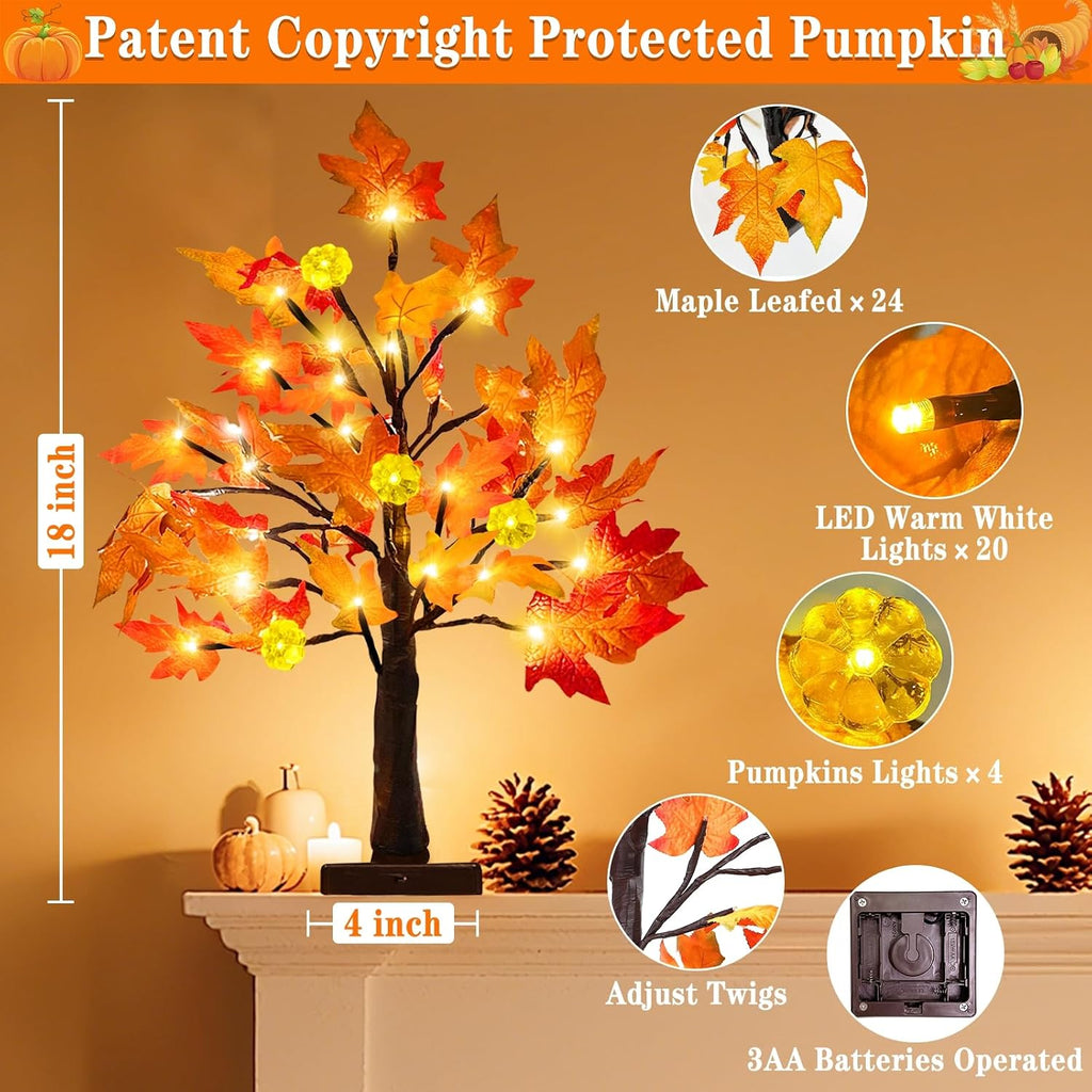 Fall Decor 2 Pack 18 Inch Prelit Fall Maple Tree 48 LEDs Timer - Set of 2