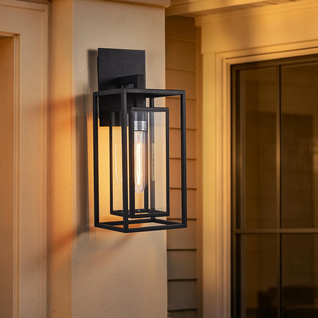 18"Ht Modern Industrial Outdoor Wall Light Fixture with Textured Black Anti-Rust Metal and Clear Glass, Wet Rated for