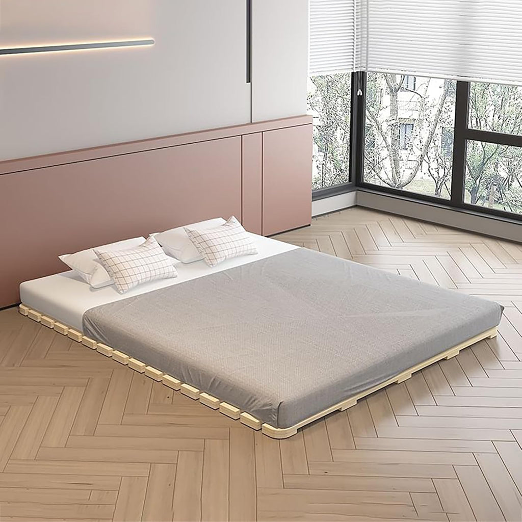Folding Bed Frame, Natural Solid Wood Bed Frame, Japanese Platform Bed Frame Wooden Slatted Pallet Floor Bed, Roll-Up