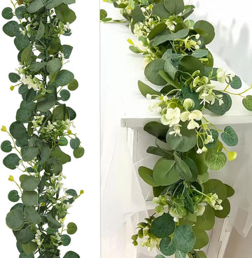 Artificial Eucalyptus Garland 5.9FT Spring Greenery Garland Decor Summer Faux Silver Dollar Hanging Eucalyptus - Set of 2