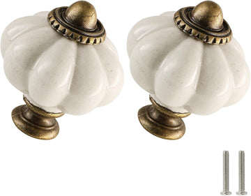 Antique White Pumpkin Knobs 2 Pack Ceramic Cabinet Knobs Vintage Drawer Pulls - Antique Dresser Pulls with Screws