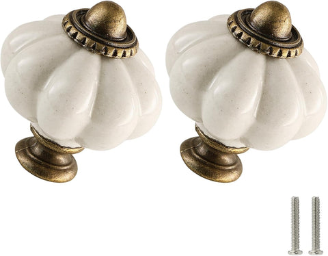Antique White Pumpkin Knobs 2 Pack Ceramic Cabinet Knobs Vintage Drawer Pulls - Antique Dresser Pulls with Screws
