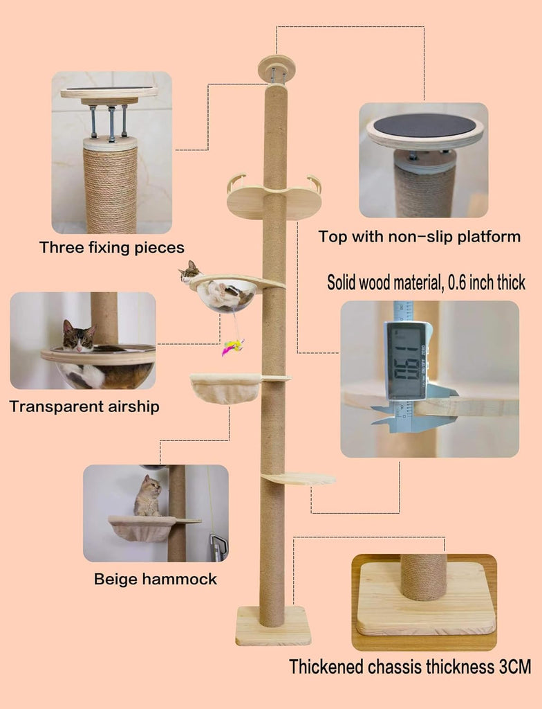 Floor-to-Ceiling Cat Tree with Natural Sisal Rope Scratching Post - Adjustable Height (55-119 Inches) - Modern Cat