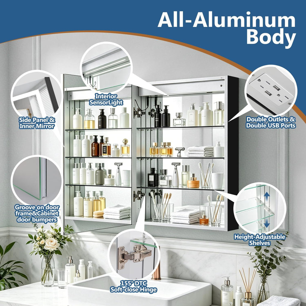 24 x 30 Inch LED Lighted Bathroom Medicine Cabinet with Mirror, 3 Stepless Adjustable Shelves, Recessed