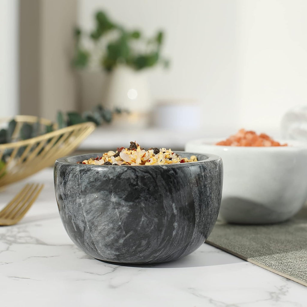 Black Marble Salt Cellar with Lid, Large 10oz Spice Keeper Pot with spoon