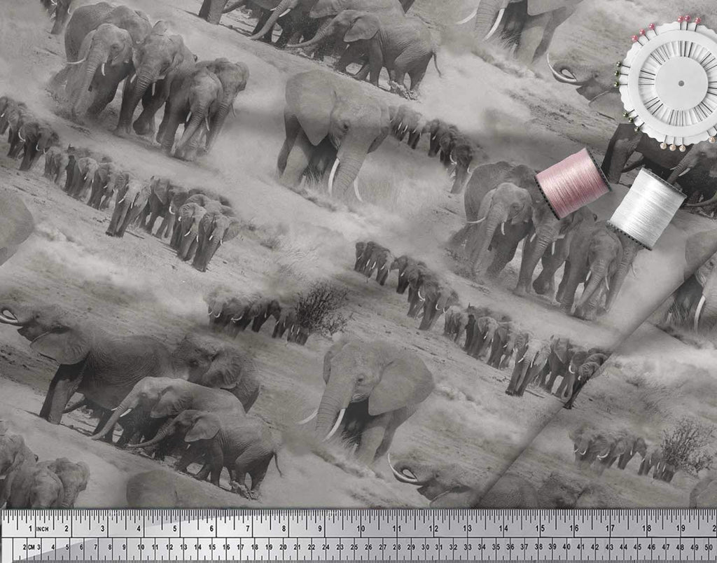 Cotton Jersey Grey Fabric - by The Yard - 58 Inch Wide - Tree & Elephant Animal Fusion Textile - Nature-Inspired