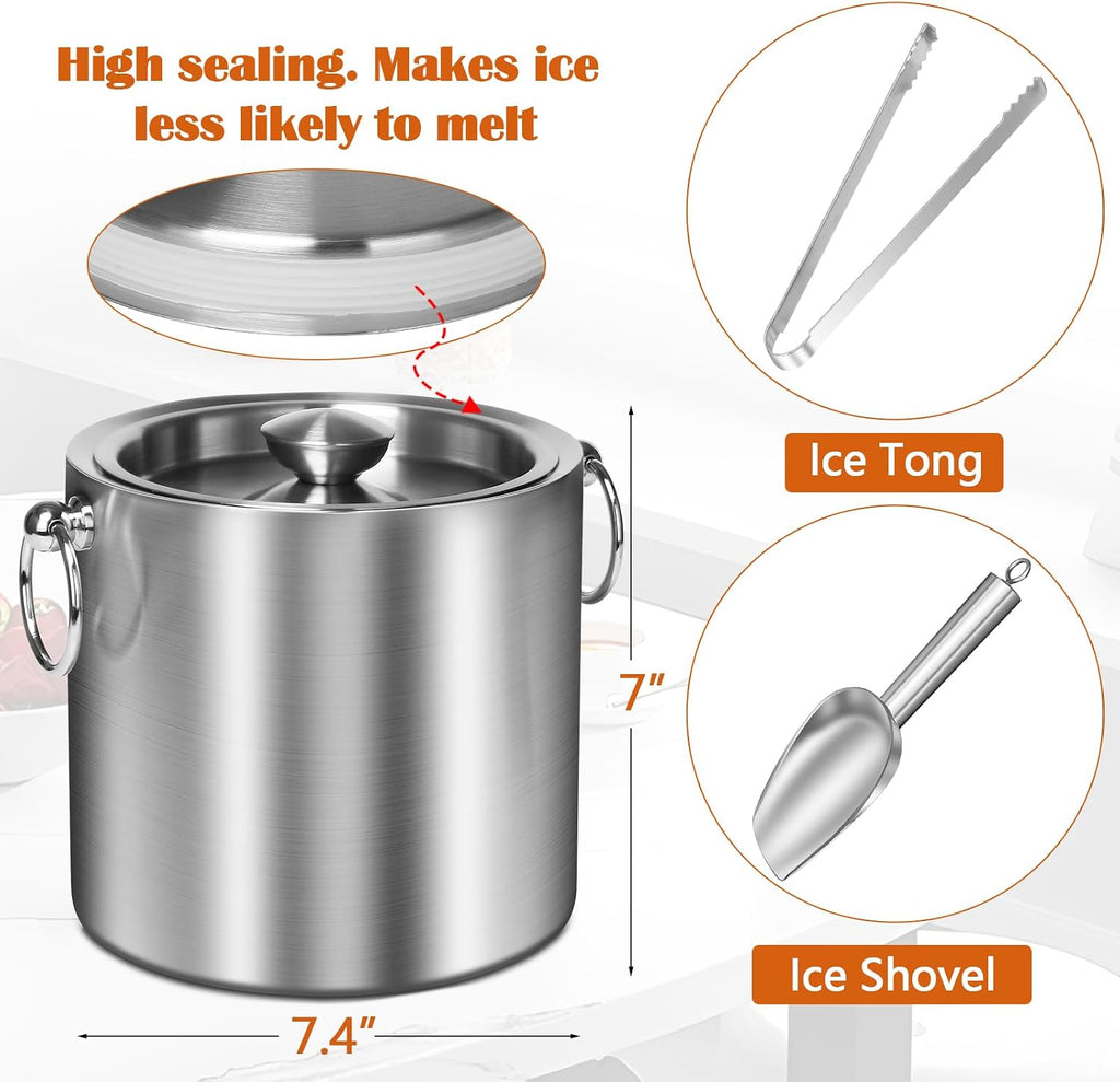 Ice Bucket with Lid & Tong- Well Made Insulated Stainless Steel Keep Ice Frozen Longer