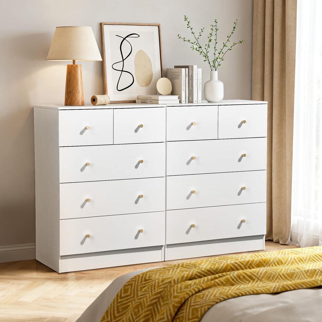 White 5 Drawer, Rose Gold Handle Modern Bedroom Chest
