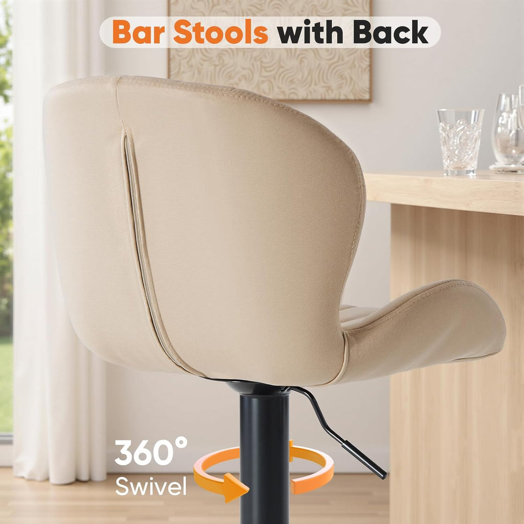 Bar Stools Set of 2, Modern Swivel Bar Chairs, Adjustable Fabric Upholstered Barstools Counter Height with Backrest