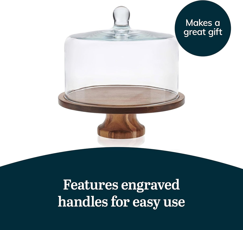 Acacia Wood Cake Stand with Glass Dome Lid, Footed Server - Set of 2