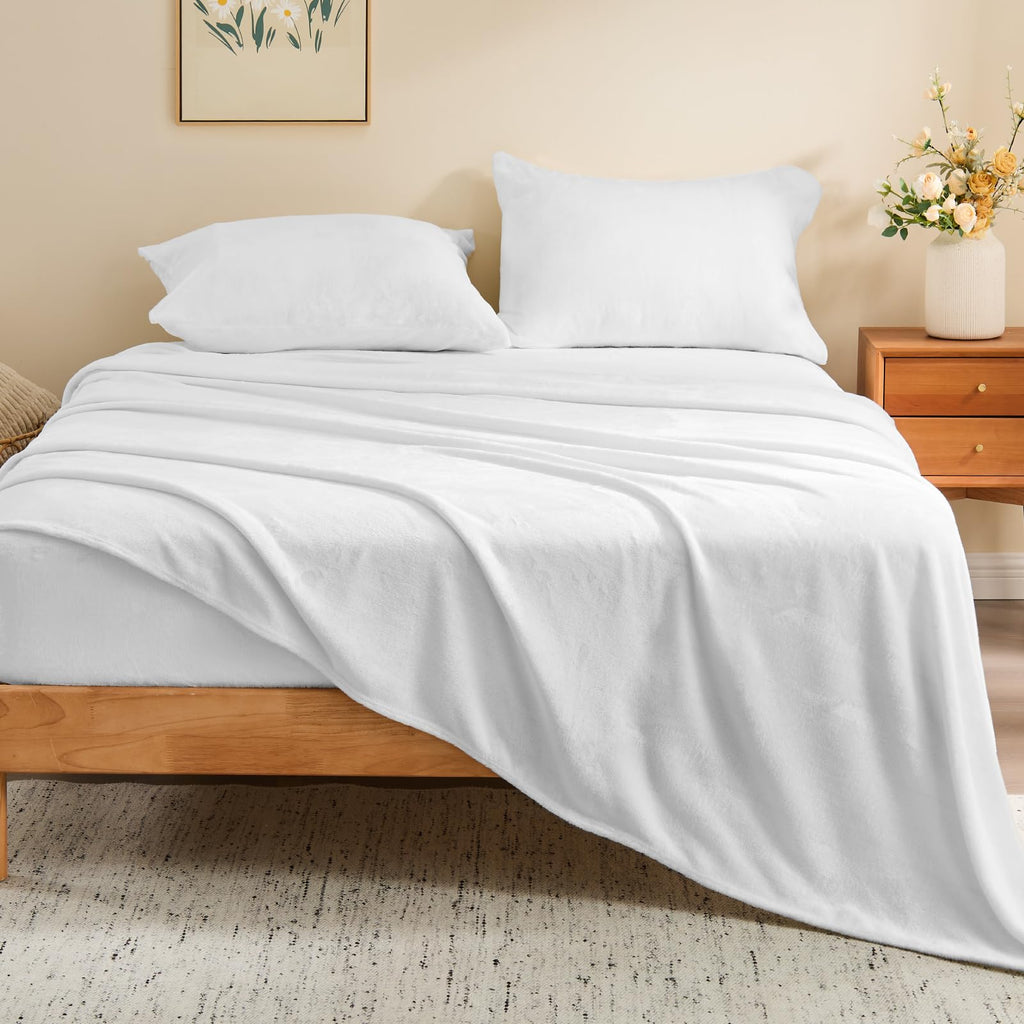 Flannel Sheets King Size, Bright White, 4 Pieces