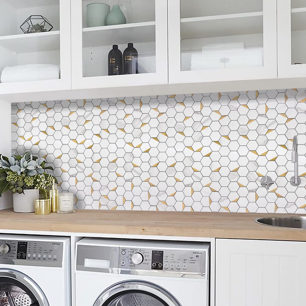 Peel and Stick Backsplash , Self-Adhesive Tile Hexagon Mosaic Tiles (10 Sheets, White Marble with Metal Gold )