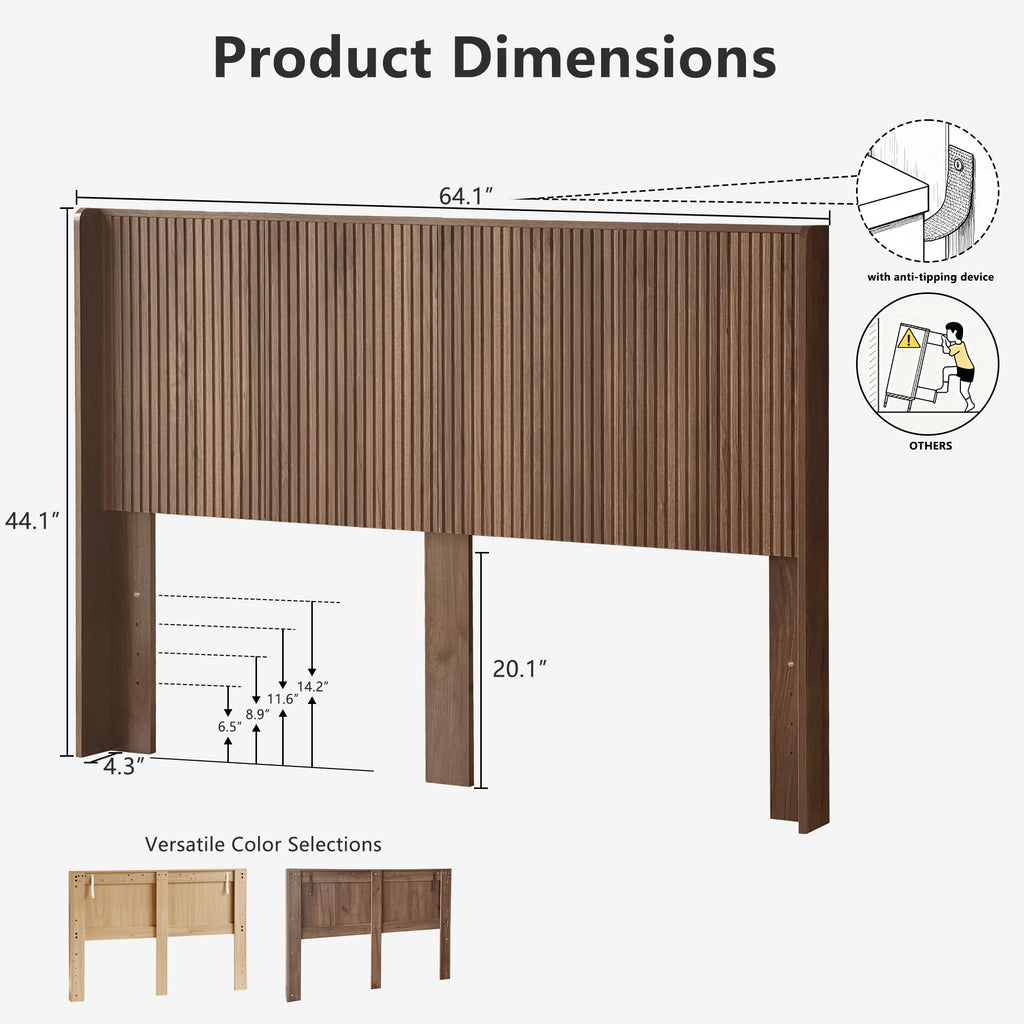 64.1" Queen Size Wood Headboard, Fluted Panel Headboard, Walnut