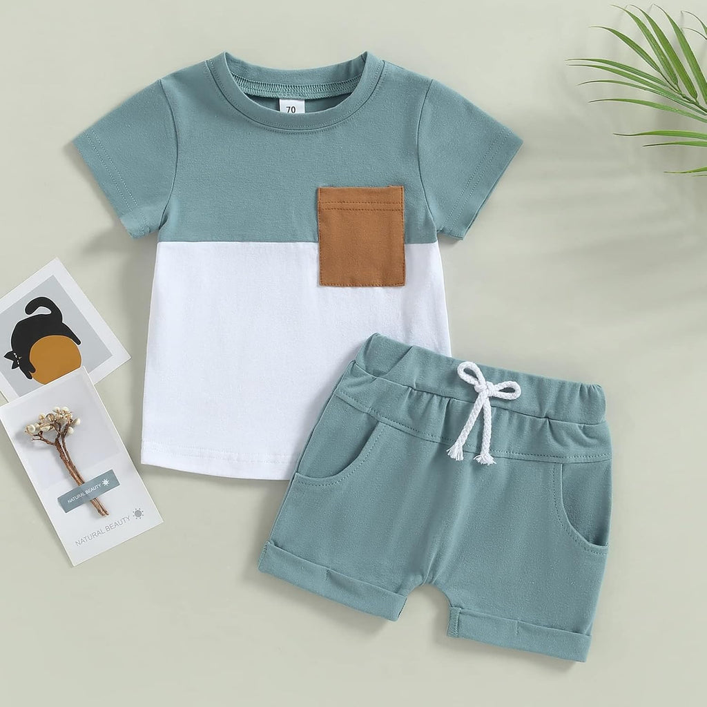 Baby Toddler Boy Clothes Summer Outfits 6 12 18 Patchwork Short Sleeve T Shirt & Shorts Sets with Pockets