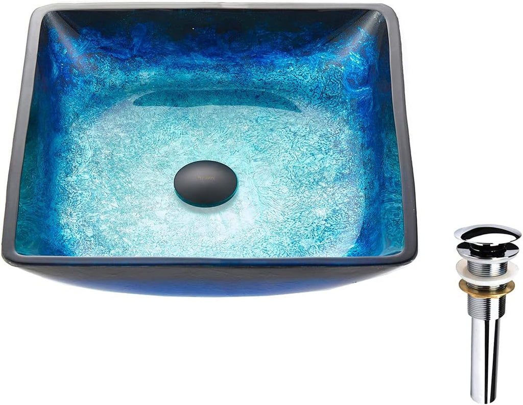Blue Lotous Square Tempered Deco Glass Vessel Bathroom Sink in Lustrous Blue | Top Mount Sinks Above Countertop |