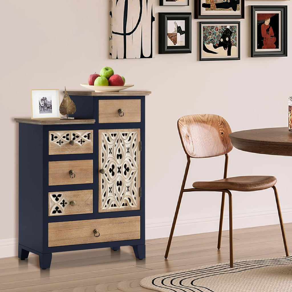 Farmhouse Accent Chest with Carved Door and 5-Drawers, Vintage Storage Cabinet Modern Dresser , Multi-Drawer