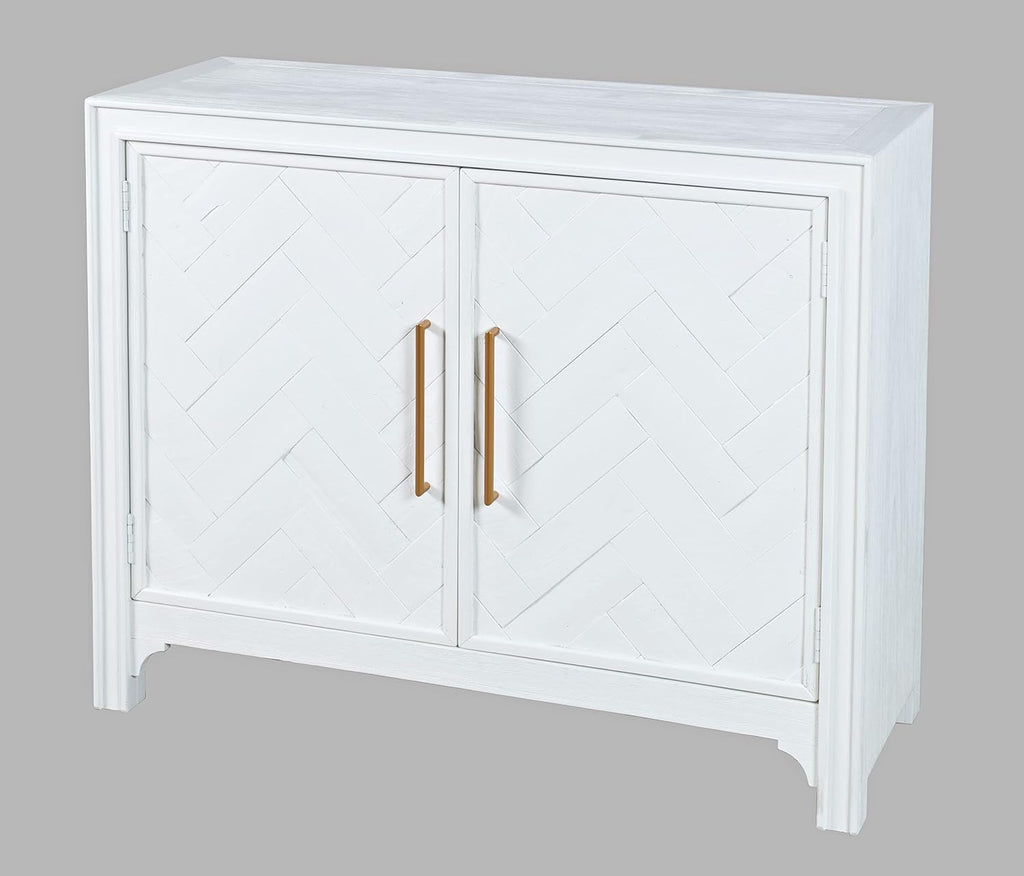 Accent Chest with Two Doors, Acacia Wood Chevron Cabinet Entryway, Mid-Century Modern Storage Sideboard, Blanc White