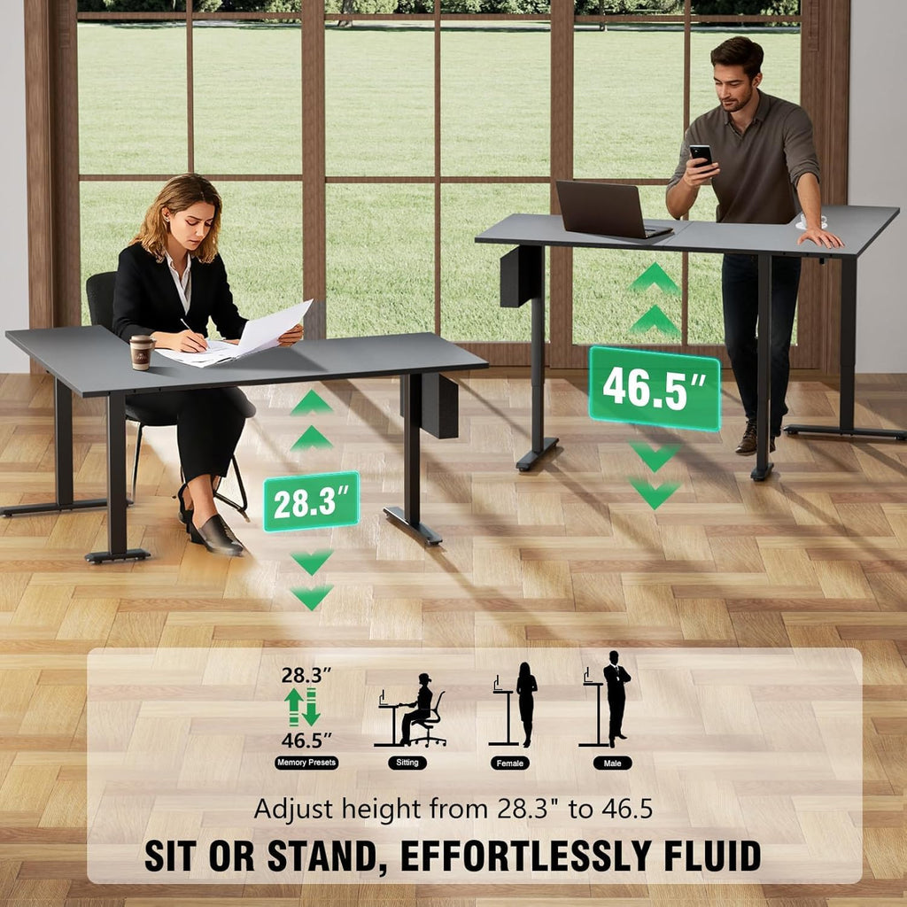 63" L Shaped Standing Desk Height Adjustable Memory Presets Black | Reversible Corner Desk, Ergonomic Sit to Stand