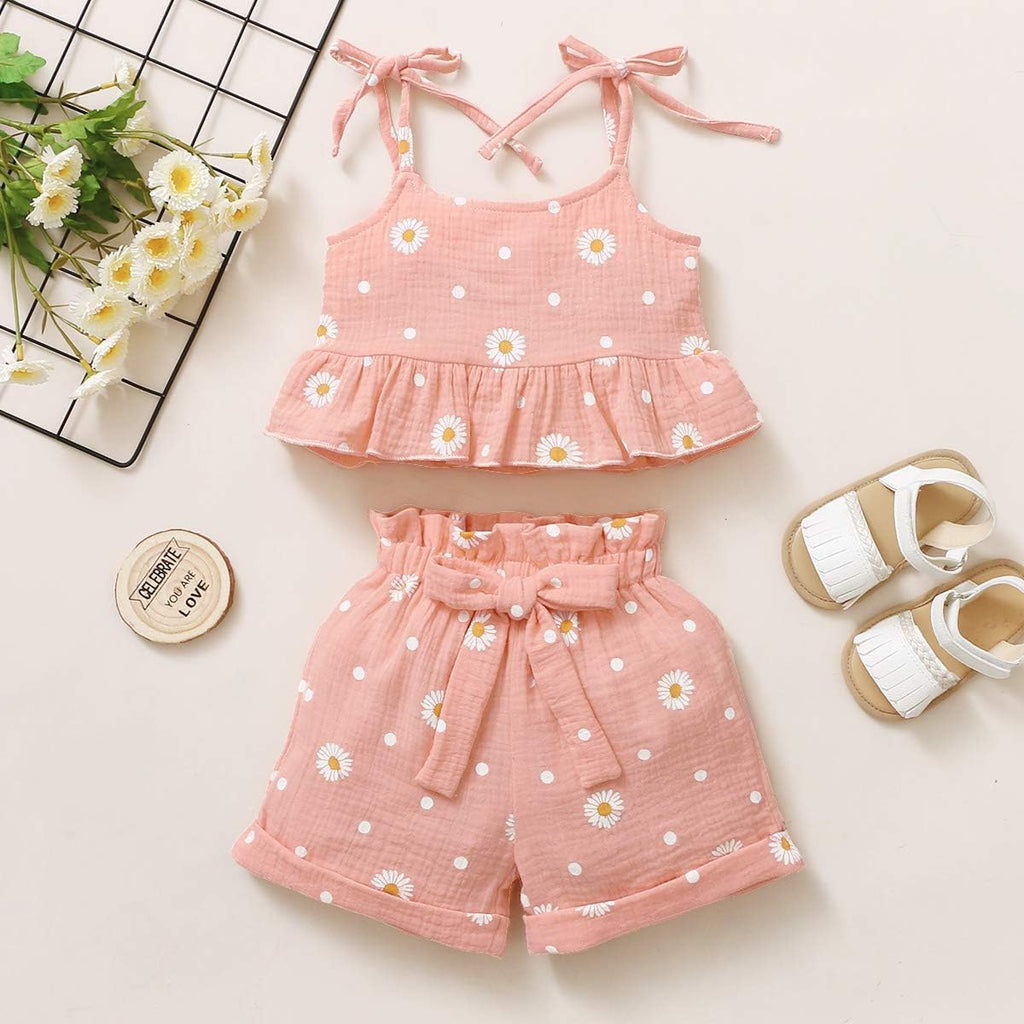 Toddler Baby Girl Summer Clothes Daisy Floral Print Halter Ruffle Tank Tops Shorts Outfits set