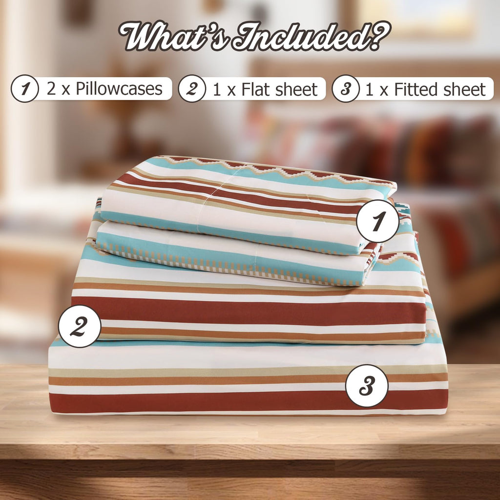 4 Pieces King Sheet Set Bohemian, Boho Sheets Soft Microfiber Deep Pocket, Western Sheets Geometric(King, Colorful