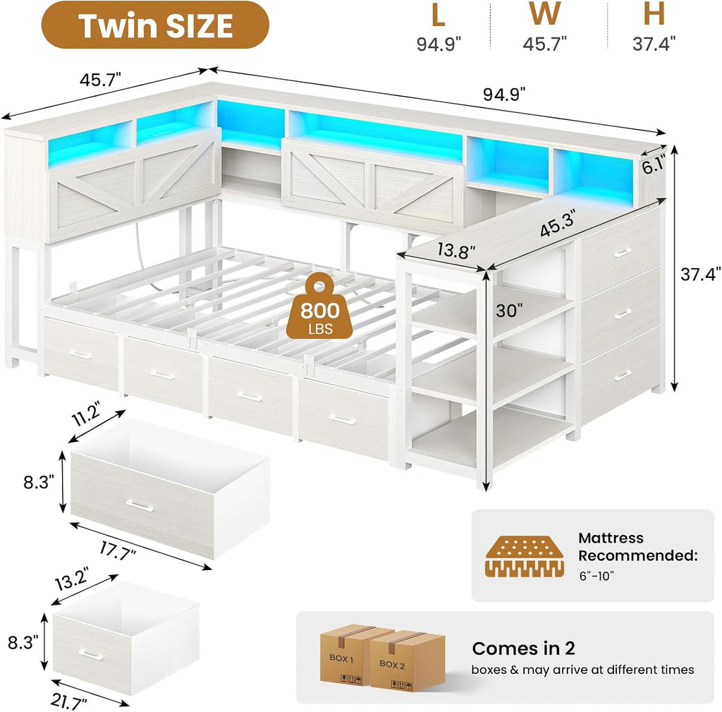Corner Bed Frame with Desk, Bookcase Headboard, Storage Shelves & 7 Drawers, Farmhouse Twin Size Wood Platform Bed