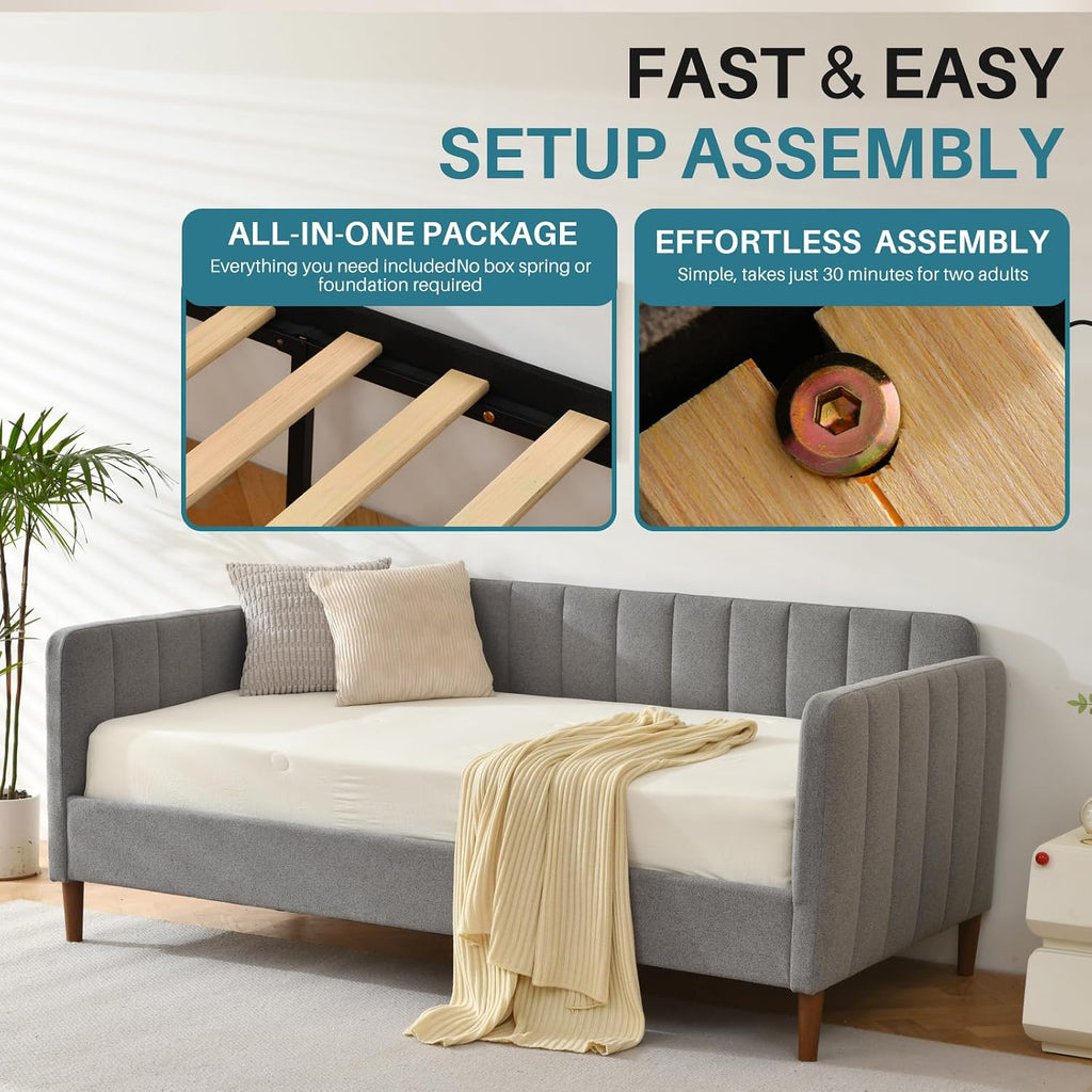 Twin Size Upholstered Daybed with Wood Slat Support,Grey | Daybed Frame , Guest Room/Easy Assemble/No Box Spring