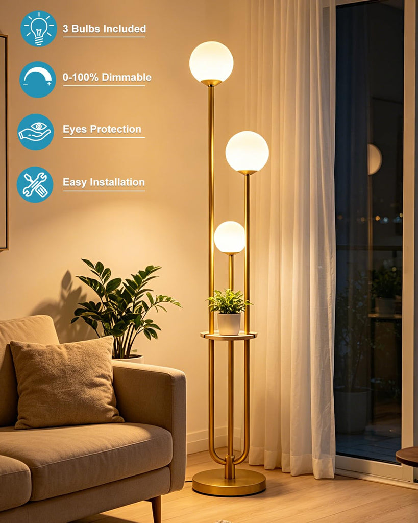 63IN Dimmable Gold Floor Lamp with Shelf Mid Century Standing Lamps with 3000K Bulbs Included Modern Globe Floor Lamp