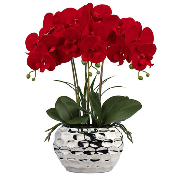 Red Orchid Artificial Flowers 18" Large Silk Orchid with Silver Ceramic Pots Fake Orchid Arrangement Bathroom Living