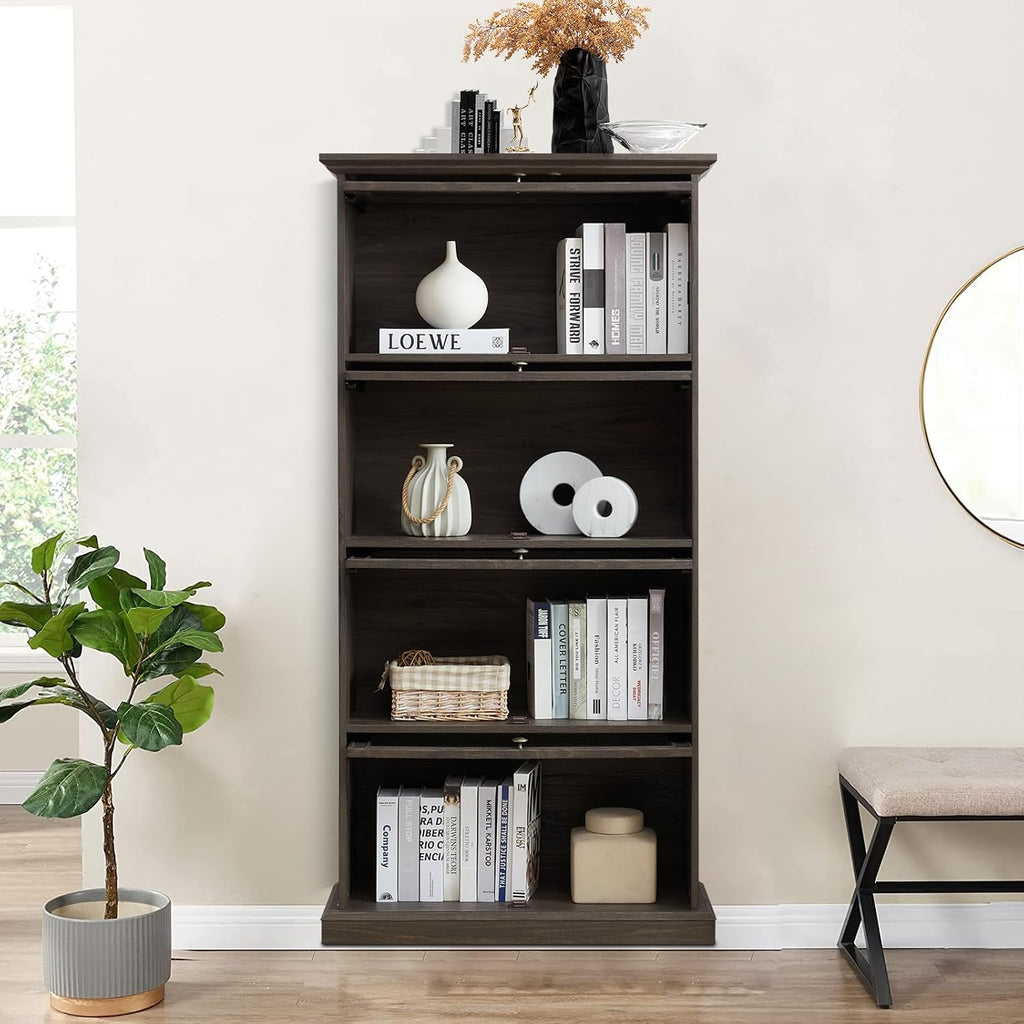63" Tall Behind the Door Bookshelf with Flip up Glass Doors and Shelves, Farmhouse Barrister Bookcase, Antique