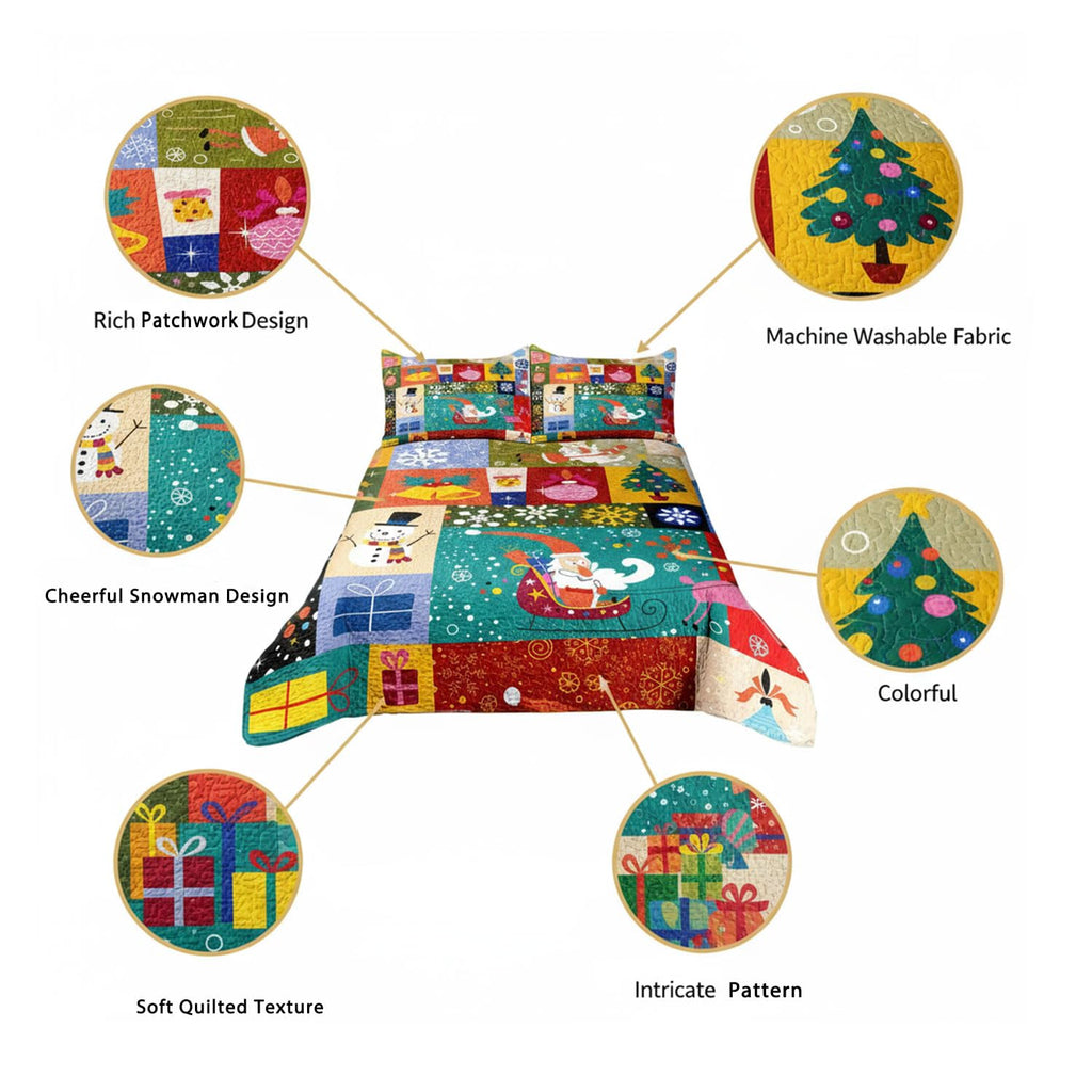Merry Christmas Patchwork Green Quilt Set King- Santa Claus Gift Snowman Checkered Printed Holiday Bedding Set - Soft
