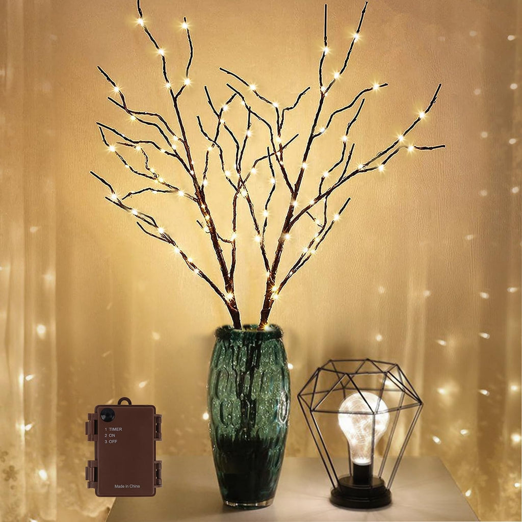 Lighted Christmas Tree Branches, 30IN Artificial Brown Twig Branch with Warm White Lights, Timer & Battery