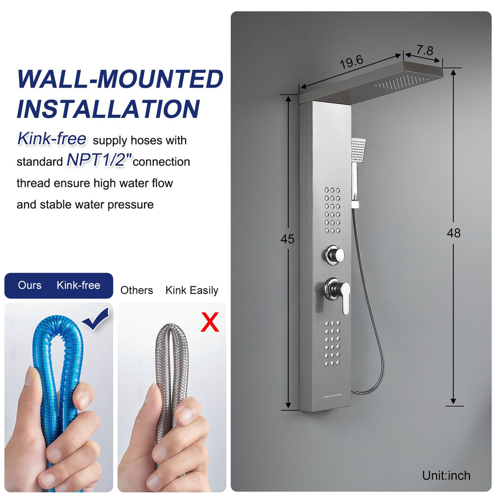 4 in 1 Rainfall Shower Panel Tower with Powerful Body Jets, Brushed
