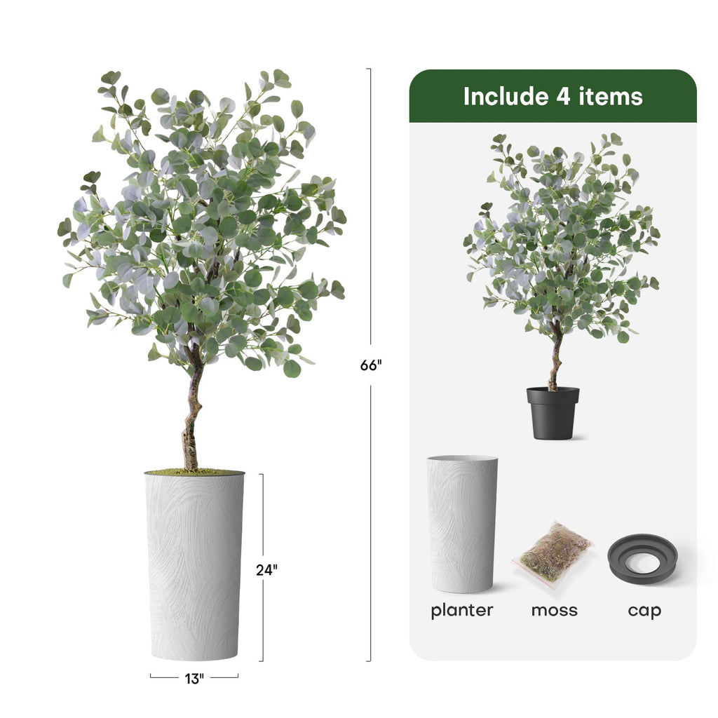 Artificial Tree in White Marble Effect Planter, Fake Eucalyptus Silk Tree for Indoor and Outdoor Home Decoration
