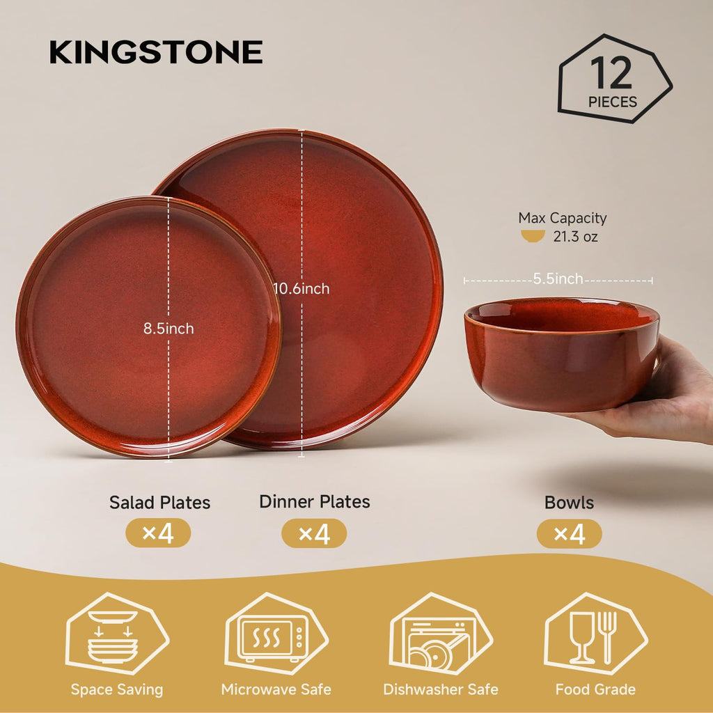 Stoneware Dinnerware Sets for 4, Reactive Glaze, Red