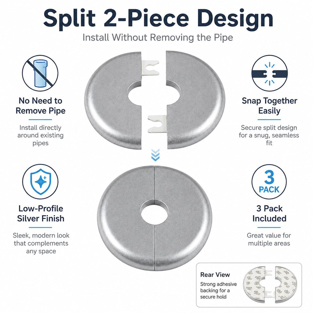 3 Pack Silver Escutcheon Plate 1/2 Inch, Split Pipe Cover with Self-Adhesive Backing, Removable Two-Piece Wall Flange