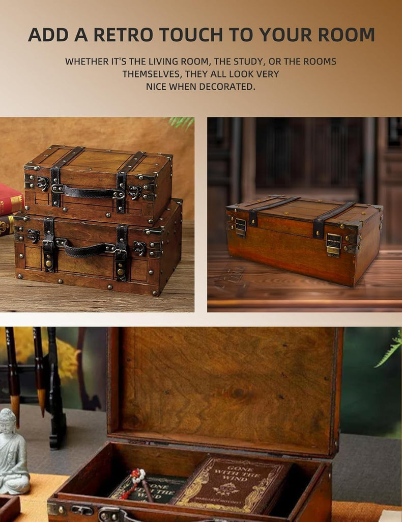 Wooden Storage Box Distressed Treasure Chest Box with Finger Lift Latches Stackable Small Vintage Storage Box