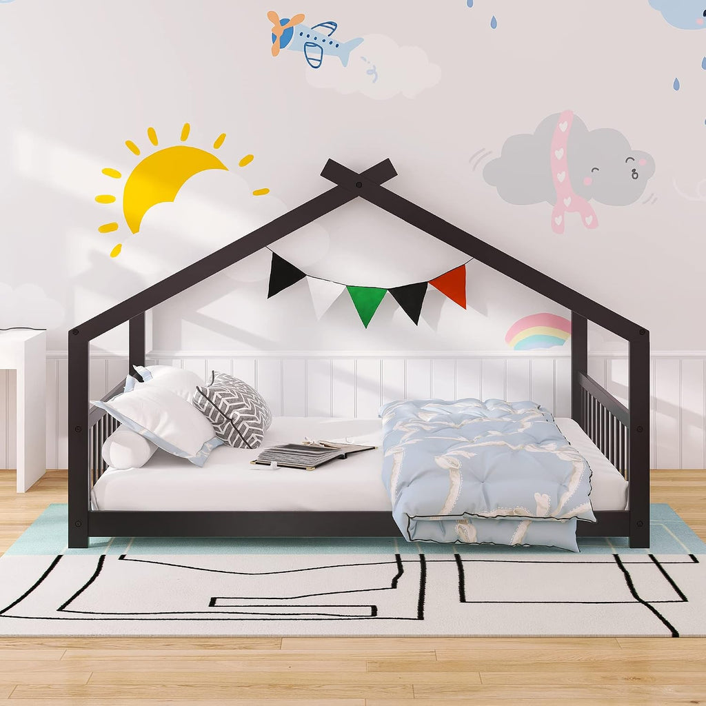 House Beds Montessori Bed Wood Frame Kids Platform Bed with Headboard & Footboard for Children Boys Girls Teens