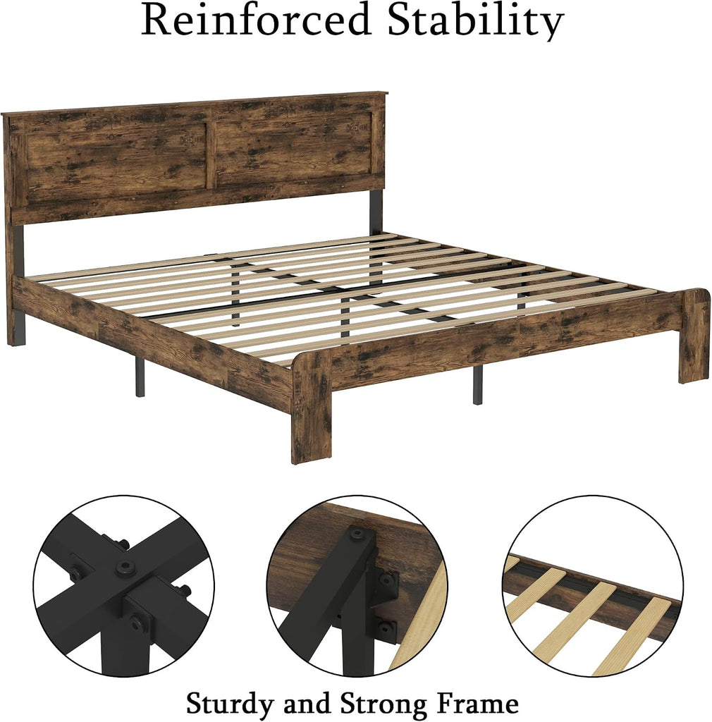 Rustic Vintage King Bed Frame with Headboard,Wooden Platform Bed Frame King with Wood Slats,Easy Assembly,Dark Brown