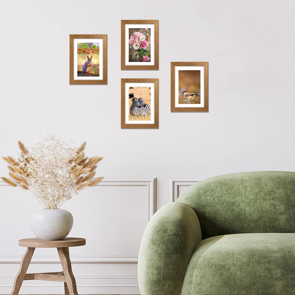 4x6 Picture Frame Set of 4 Antique Gold, 5x7 Matted to 4 x 6 Photo with Mat or 5 x 7 Without Mat for Wall or Tabletop