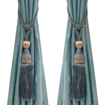 Set of 2 Gray Blue Ball Tassel Curtain Tiebacks Braided Window Decor