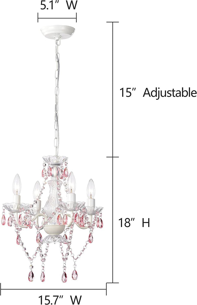 Pink and White Mini Crystal Chandelier, 4-Light Acrylic Crystal Pendant for Bedroom and Girls' Room