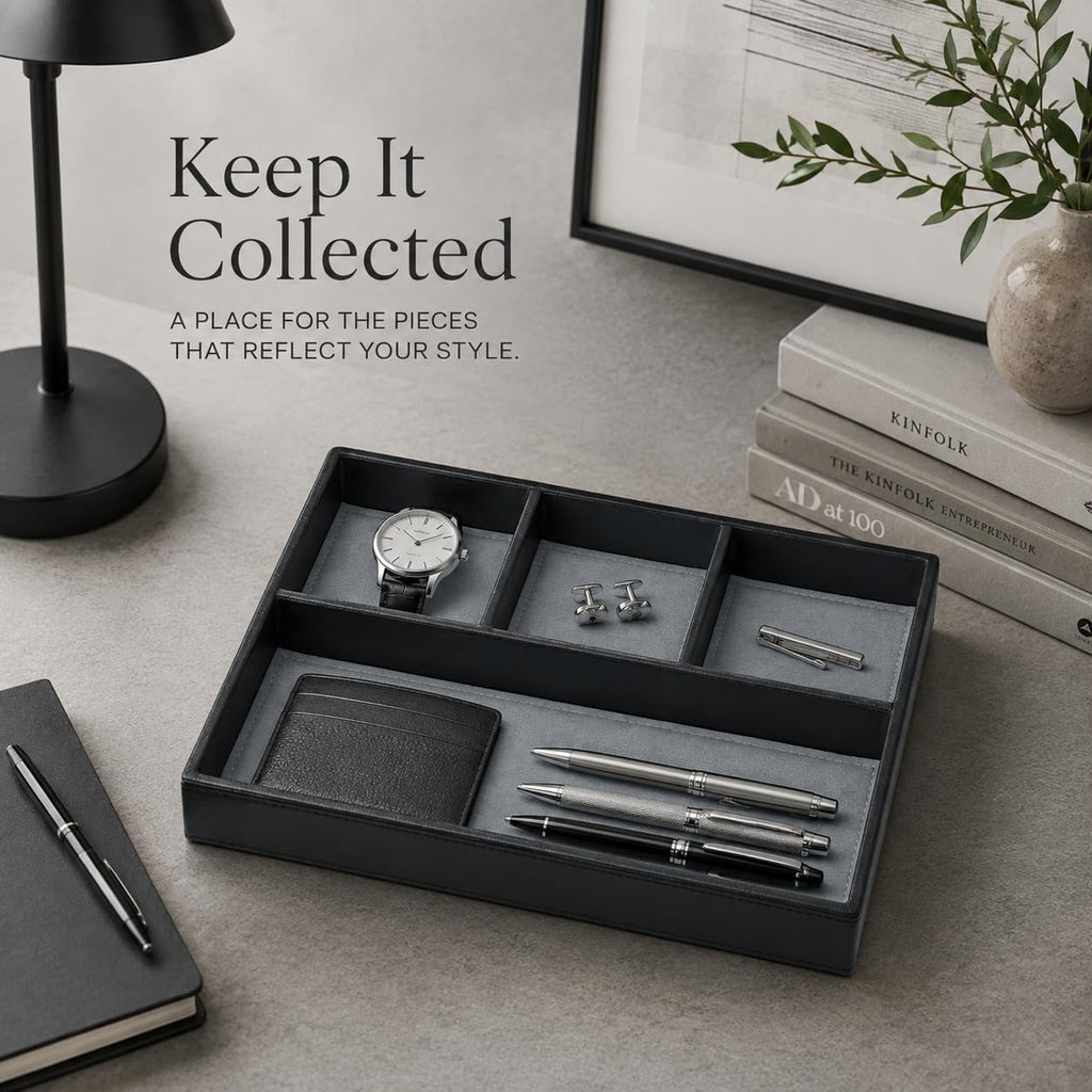 Leather Valet Tray for Men, Nightstand Organizer Desk Tray, Black