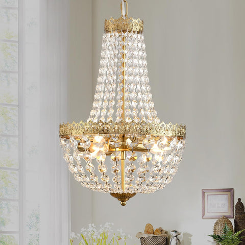 Mini French Empire Crystal Chandelier, 4-Light Antique Brass Pendant Light Fixture - 19.7" H x 12.6" W