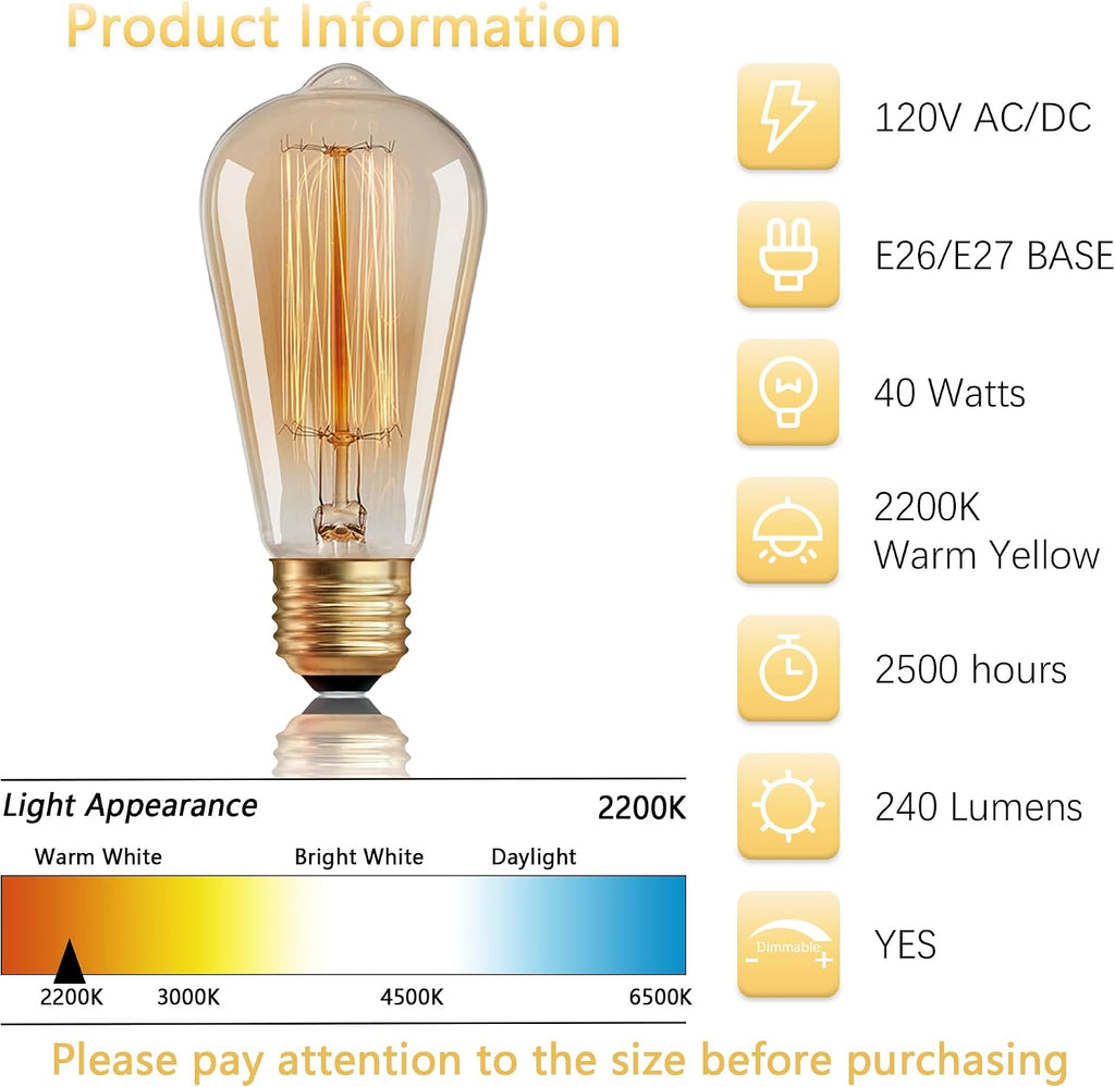 ST64 Incandescent Light Bulbs 40W E26 Dimmable Edison Bulbs 2 Pack