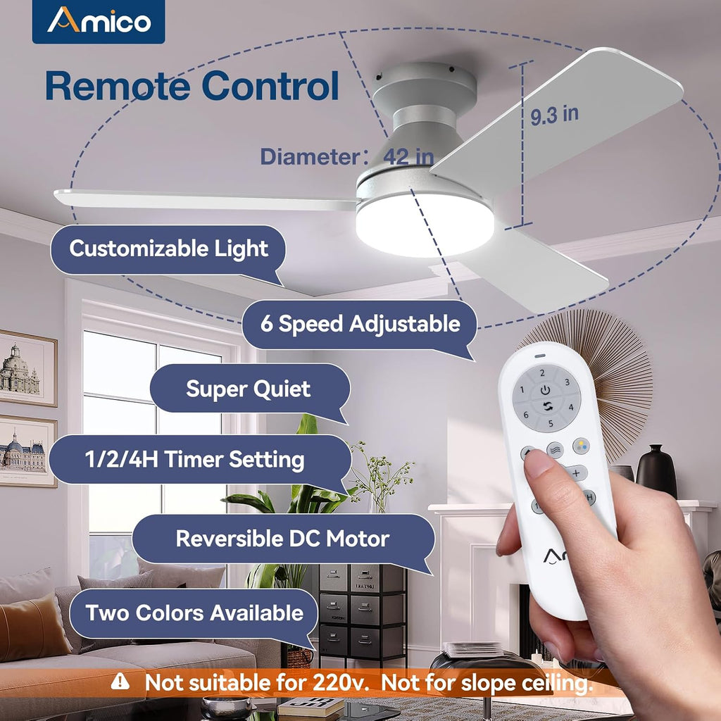Ceiling Fans with Lights, 42 inch Low Profile Ceiling Fan with Light and Remote Control, Flush Mount, Reversible, 3CCT, Dimmable, Noiseless, Silver Ceiling Fan for Bedroom, Indoor/Outdoor Use A102-B0D87FTJGZ