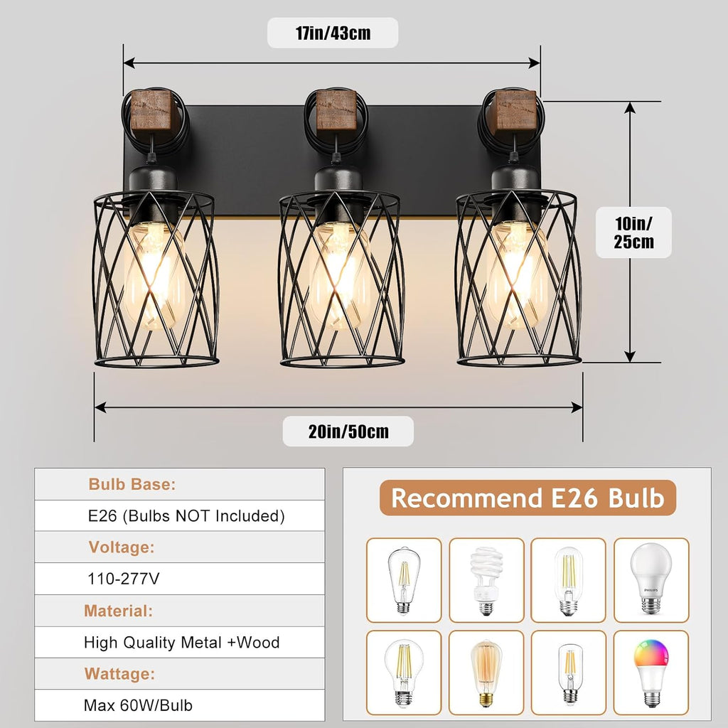Farmhouse Bathroom Vanity Light, 3-Light Wood Bathroom Light Fixtures Over Mirror, Black Industrial Vanity Lights